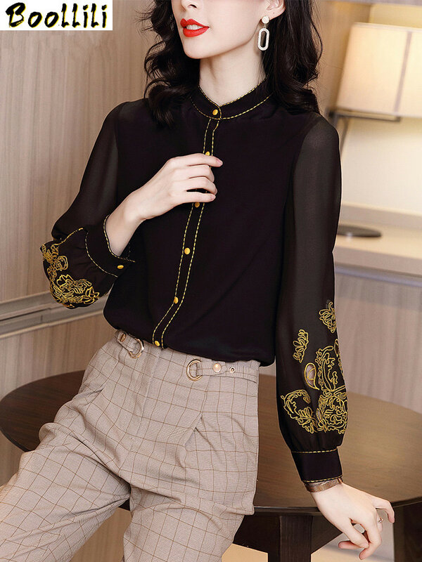 Boollili blusa de seda verdadeira feminina, blusa feminina de escritório para primavera e outono, roupas femininas, vintage, manga comprida, 100%