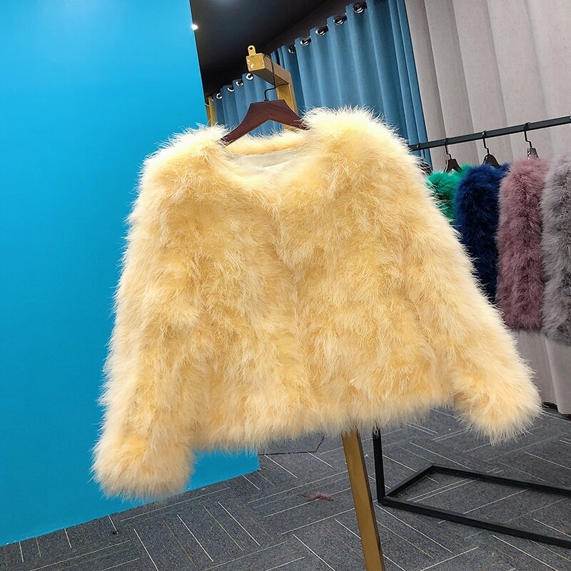 Nouveau manteau court en vraie fourrure de dinde, fait à la main, épais, doublé de laine d'autruche, à manches 9 points, automne et hiver