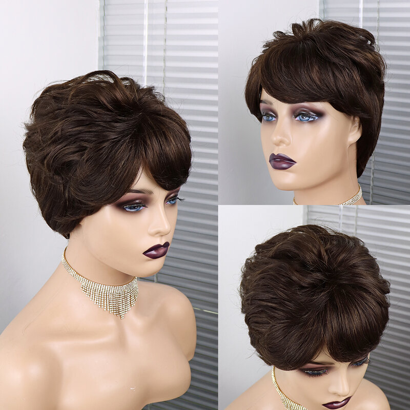 Short Cut Wavy Bob Pixie Wigs Non Lace Front Human Hair Wigs With Bangs For Black Women Full Machine Made Remy Brazilian