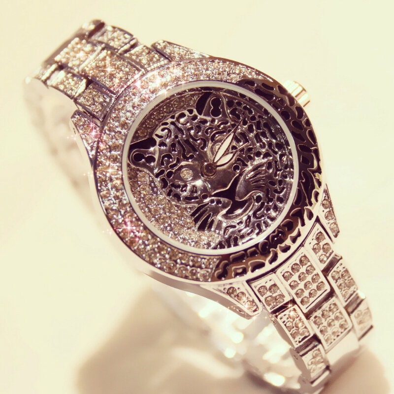 BS-Montre en diamant imprimé léopard pour femme, montres-bracelets en or, acier inoxydable, biscuits, luxe, fille, nouveau