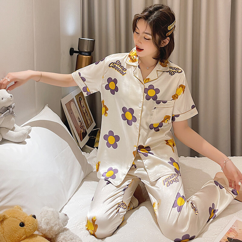 Vrouwen Zijde Satijn Pyjama Set Korte Mouw Lange Broek Pyjama Pak 2021 Button-Down Gedrukt Nachtkleding Loungewear Pyjama Mujer