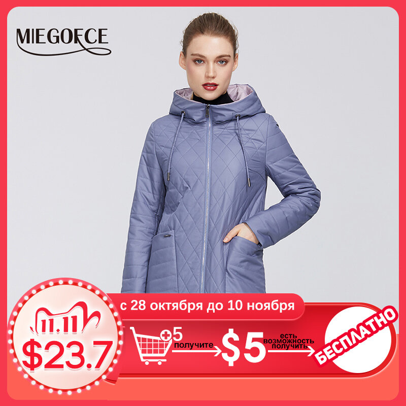 Miegofce 2020 nova coleção feminina primavera casaco jaqueta com padrão de losango parka bolsos profundos resistente com capuz colarinho casaco
