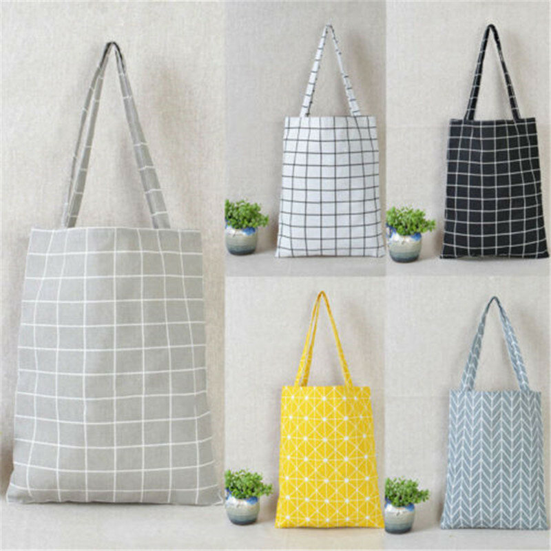 Women Plaid Linen Cotton Shopping Bag Female Canvas Cloth Shoulder Bags Environmental Storage Handbag Reusable Eco Grocery Totes