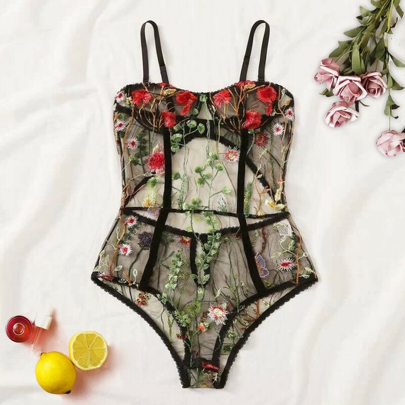 Lingerie Sexy Bra Siamese Women Printing Lace Stain Bow Lingerie Bodysuit Floral Embroidered Backless Pajamas Jumpsuit Lenceria