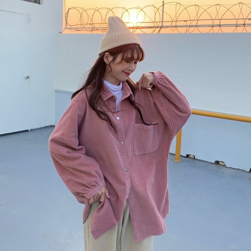 ผู้หญิงเกาหลีแฟชั่นRetro Corduroyเสื้อหญิงHarajuku Streetwearขนาดใหญ่เสื้อแขนยาวVintageปุ่มลงเสื้อ