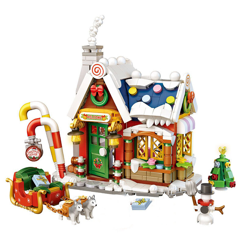 메리 크리스마스 하우스 트리 산타 클로스 눈사람 썰매 3D 모델, DIY 미니 블록, 어린이 브릭 빌딩 장난감
