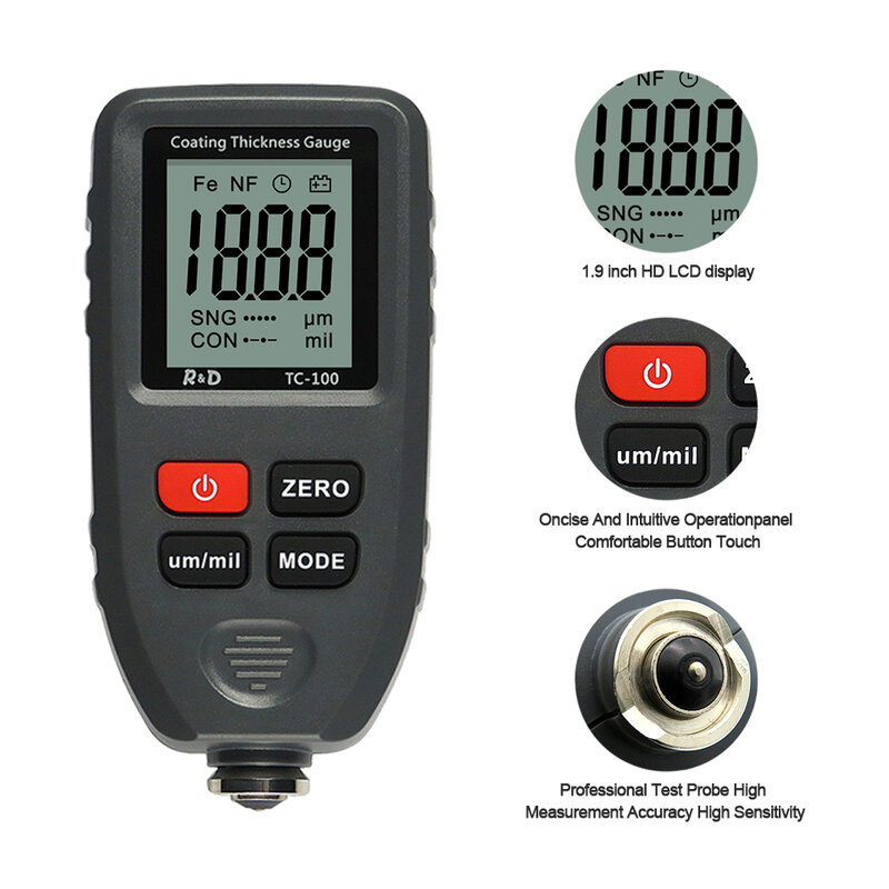 R & D TC100 misuratore di spessore dell'automobile Tester di vernice per auto misuratore di spessore Russia manuale Ultra-preciso 0.1micron/0-1300 Fe & NF