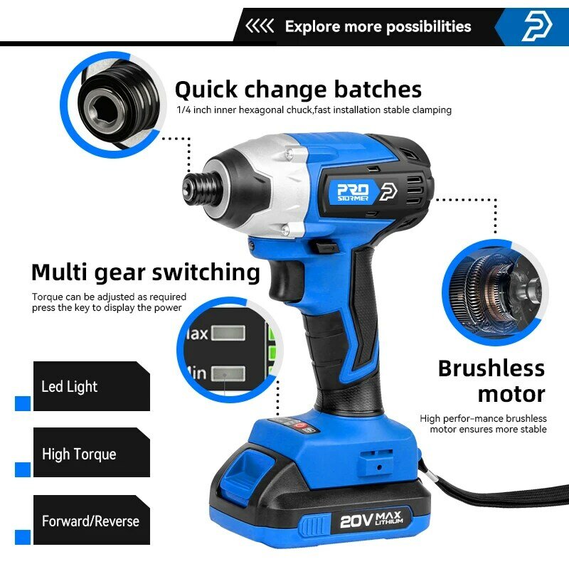 300Nm Electric Cordless Drill Screwdriver Brushless Motor Impact Driver Combo Kit 34pcs Drill Bits 20V Power Tool by PROSTORMER
