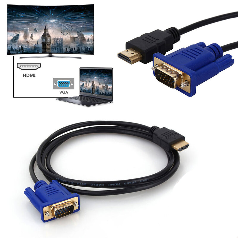 1.8M kabel HDMI złoty męski do VGA HD-15 mężczyzna 15Pin kabel Adapter konwerter 5FT 1080P HD przejściówka dla PC Monitor HDTV