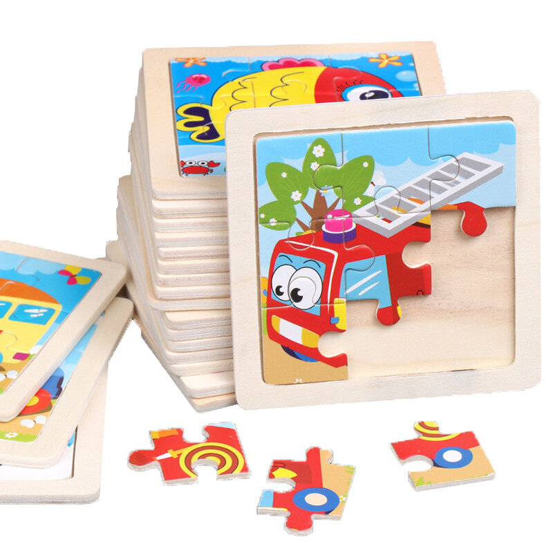 Rompecabezas de madera de 11x11cm para niños, juguetes educativos de dibujos animados de tráfico de animales, Tangram, juguetes de madera de rompecabezas, regalos