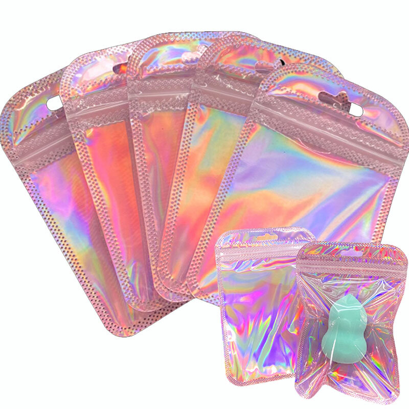 Bolsas OPP iridiscentes con cierre de cremallera, embalaje resellable, bolsas de venta al por menor, 50 piezas