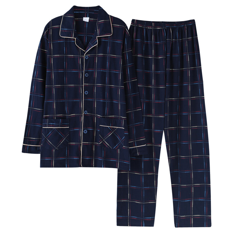 Pijama masculino de algodão 100%, roupas de dormir para homens, xadrez azul e para casa, 2 peças