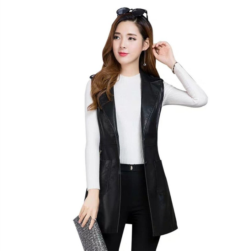Thick Cotton Vest Coat Women's PU Leather Jacket Waistcoat Long 2022 Suit Vest Sleeveless Women Cardigan Suit Vest Outcoat Black