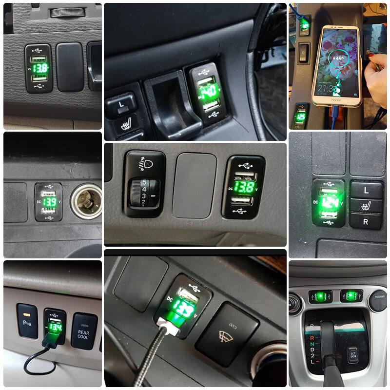 Mới Dual USB QC Xe Ổ Cắm Sạc 12-24V Vôn Kế LED Phụ Kiện Xe Hơi Điện Cho Xe Toyota Nhanh sạc Cho Điện Thoại Di Động