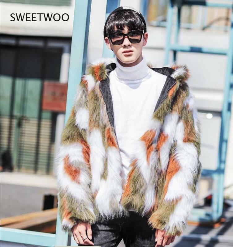 Winter Male Fur Overcoat Mens Fur Coats with Hood Furparka Oversized Men Fur Overcoat Warm Faux Fur Jacket Men