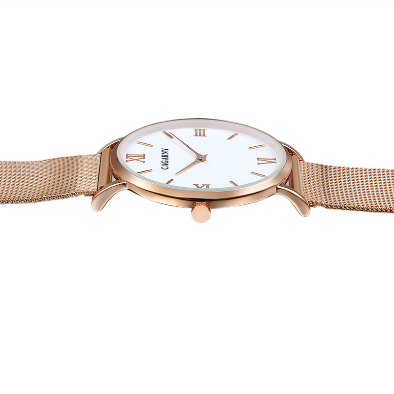 Cagarny alta qualidade ultra-fino relógio masculino feminino aço inoxidável malha banda rosa relógios de ouro amante moda casais relógio de pulso