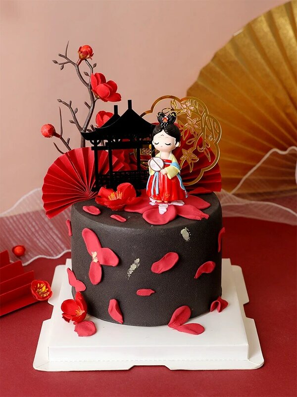 中国の女の子のためのレトロなケーキデコレーション,赤い漢服,花の誕生日パーティーの装飾,祝福のベーキング用品,デザート