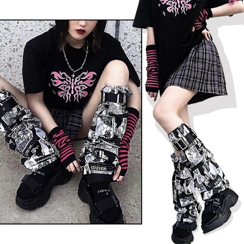 Punk japoński Tokyo Geisha wzór skarpetki Gothic Harajuku magazyn druk ocieplacz na nogi Cosplay Lolita stos skarpetki