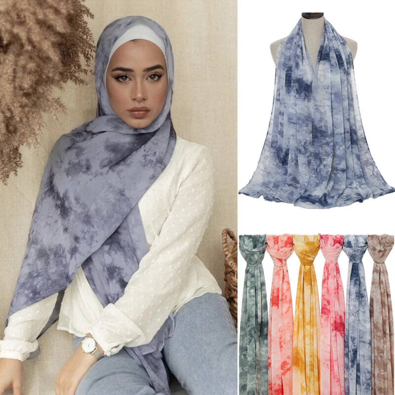 Tie-Dye impresso lenço chiffon para mulheres, muçulmano hijab, envoltório lenço, xale islâmico, headband, headband, muçulmano, mais novo, 180*70cm