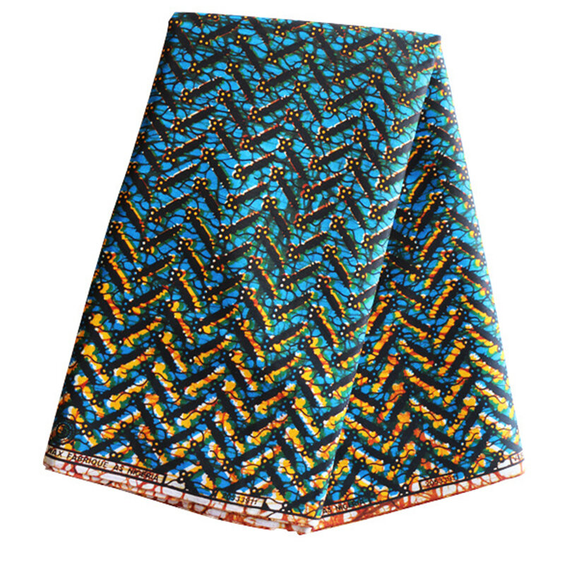 Tela de encaje con estampado azul y amarillo africano de alta calidad, tela nigeriana real de cera, 6 yardas/piezas, 100% algodón