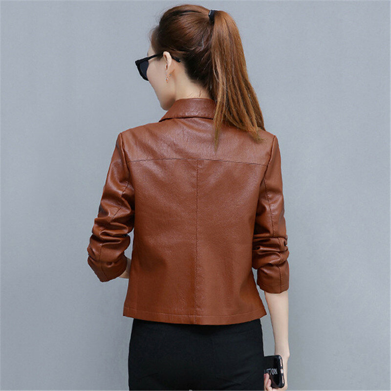 Jaket kulit wanita, karamel 3XL 4XL ukuran besar pendek ramping PU mantel 2020 baru musim semi musim gugur mode Korea Chic Moto pakaian