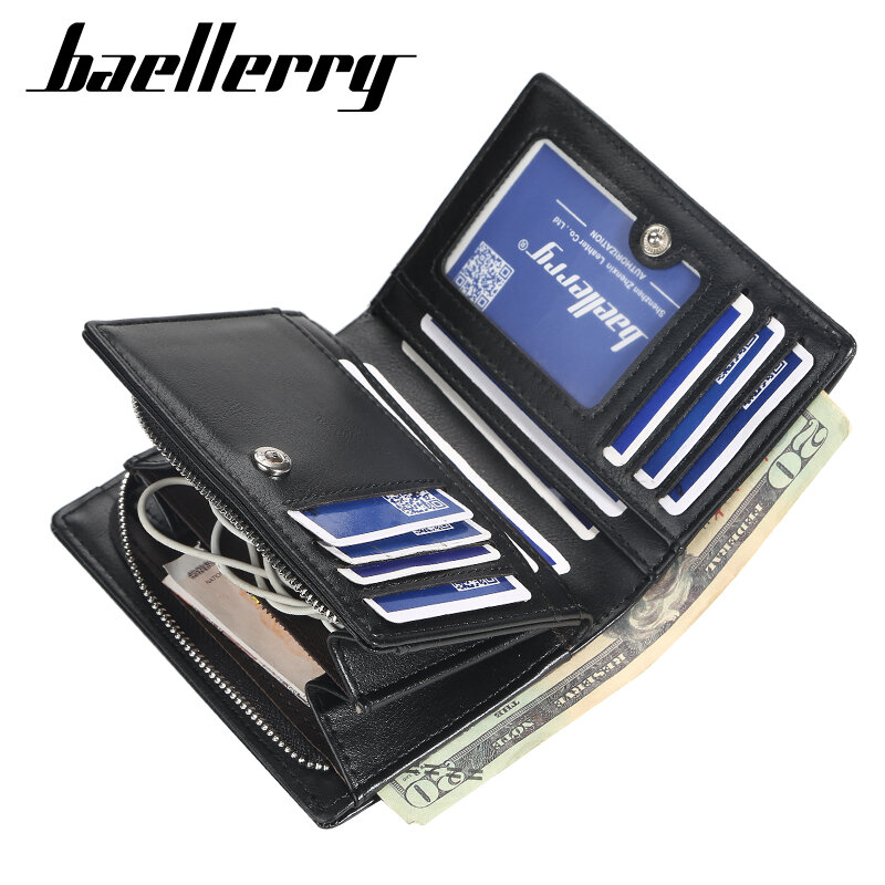 Baellerry-Carteira de couro com zíper masculino, bolsa multifuncional, porta-cartões, porta-moedas, nova moda masculina, curta