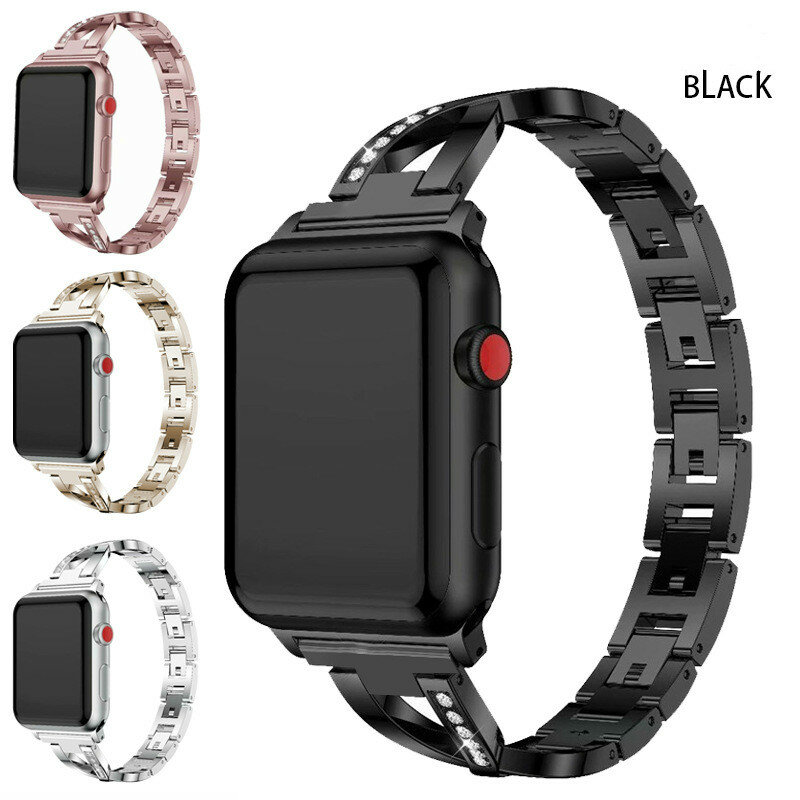 Pour iWatch 5 4 3 2 1 série X forme bracelet de montre en acier inoxydable avec strass bracelet de montre en métal 38mm 40mm 42mm 44mm