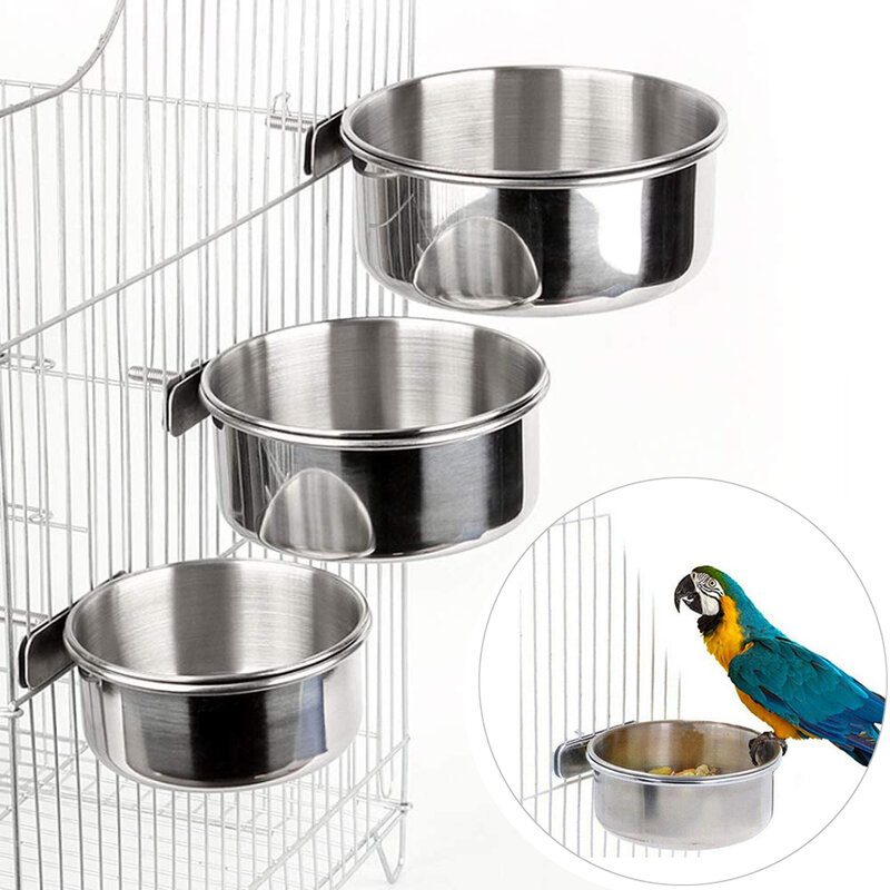 Parrot ถ้วยให้อาหารนกอาหารจานสแตนเลส Parrot Feeder น้ำกรงชาม Clamp สำหรับ Cockatiel Budgies นกแก้ว