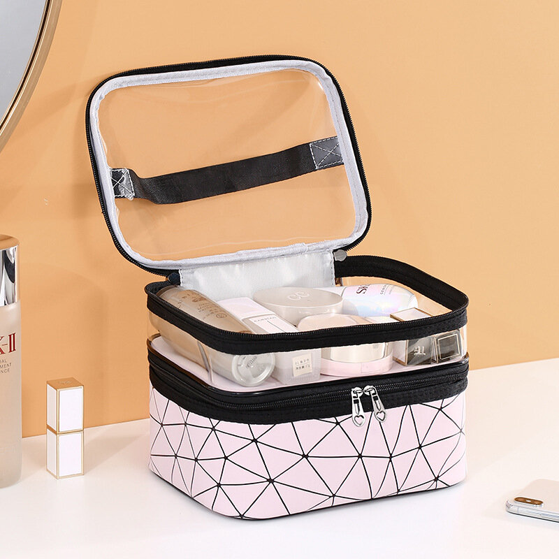 Bolsa de maquiagem transparente para viagem, bolsa multifuncional organizadora de cosméticos e itens de higiene pessoal à prova d'água para mulheres