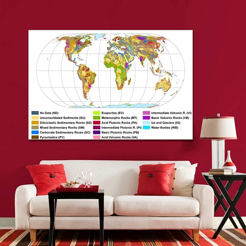 Mapa geológico mundial, pintura em tela não-tecida, cartaz grande de parede, decoração para casa, material educativo, 225x150 cm