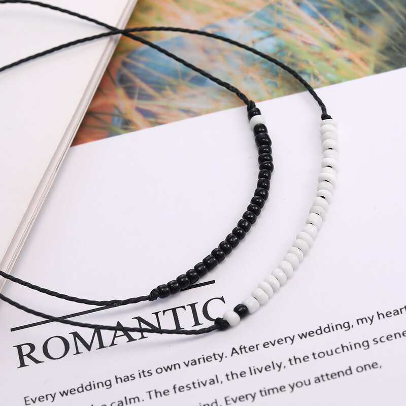 2 petits Bracelets faits à la main en perles de rocaille noires et blanches pour femmes et hommes, corde réglable tressée, bijoux d'amitié, pièces/ensemble