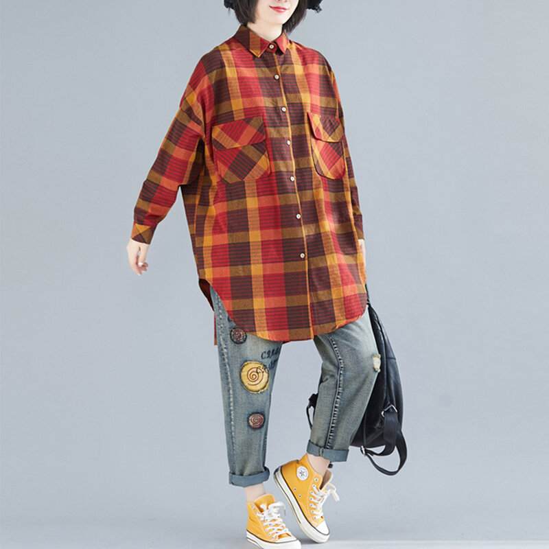 Supermiss-Blusa holgada de franela a cuadros para mujer, camisa informal de manga larga con botones, Tops de tallas grandes de mujer 2020