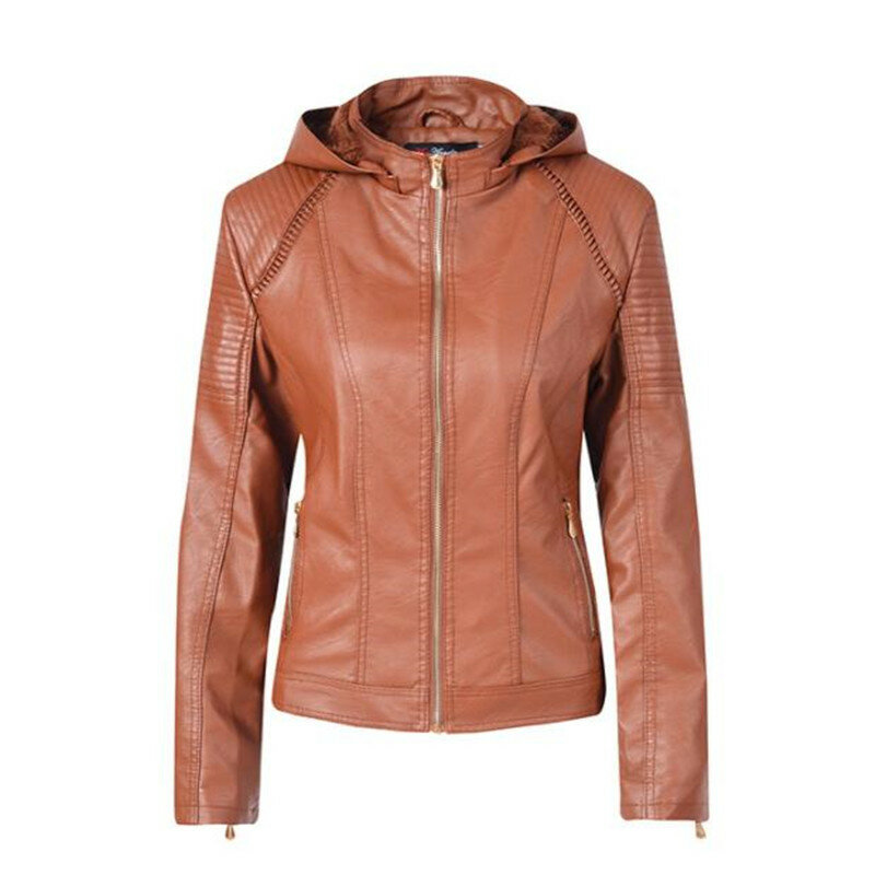 Jaqueta de motocicleta feminina com zíper casaco vire para baixo collor senhoras outerwear couro falso plutônio casaco feminino