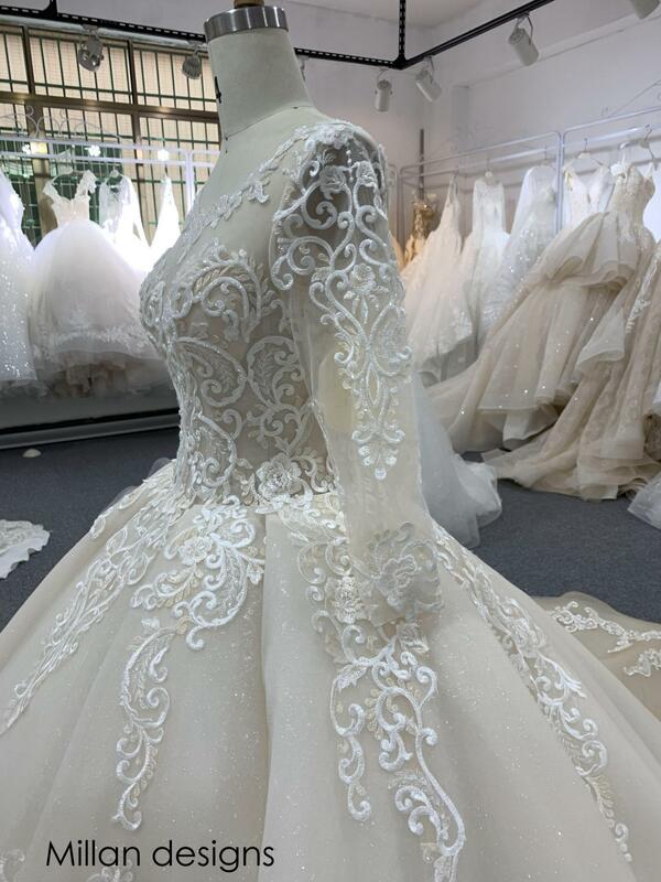 Foto reali abiti da sposa di lusso coda reale abito da ballo Champagne abito da sposa abito da sposa in pizzo con perline Vestido De novas