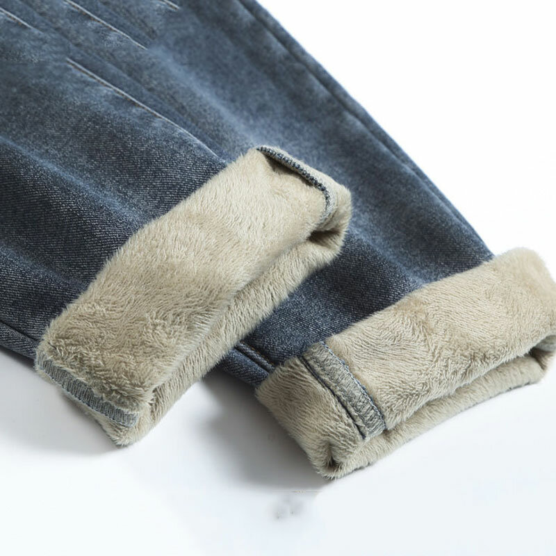 Pantalones Vaqueros forrados de terciopelo para mujer, Jeans Harem de felpa de cintura alta elástica, hasta el tobillo, gruesos, cálidos y holgados, Invierno