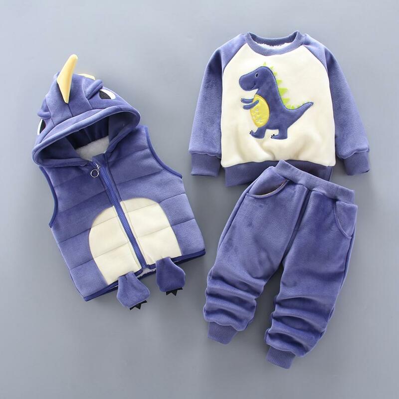 Baby boy's clothes cotton warm suit Bear cartoon printing plus velvet padded sweater baby girl's clothes hooded vest three-piece