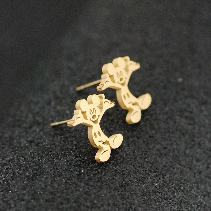 FENGLI Mickey Gold Stud Earrings Cute Animal Mouse Earring Cartoon Children Lady Jewelry Stainless Steel Accessories Gift