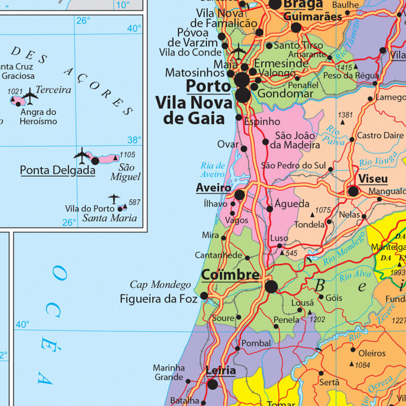 Carte politique des transports du Portugal en français, peinture sur toile vinyle, affiche murale, fournitures scolaires, décoration d'intérieur, 150x225cm