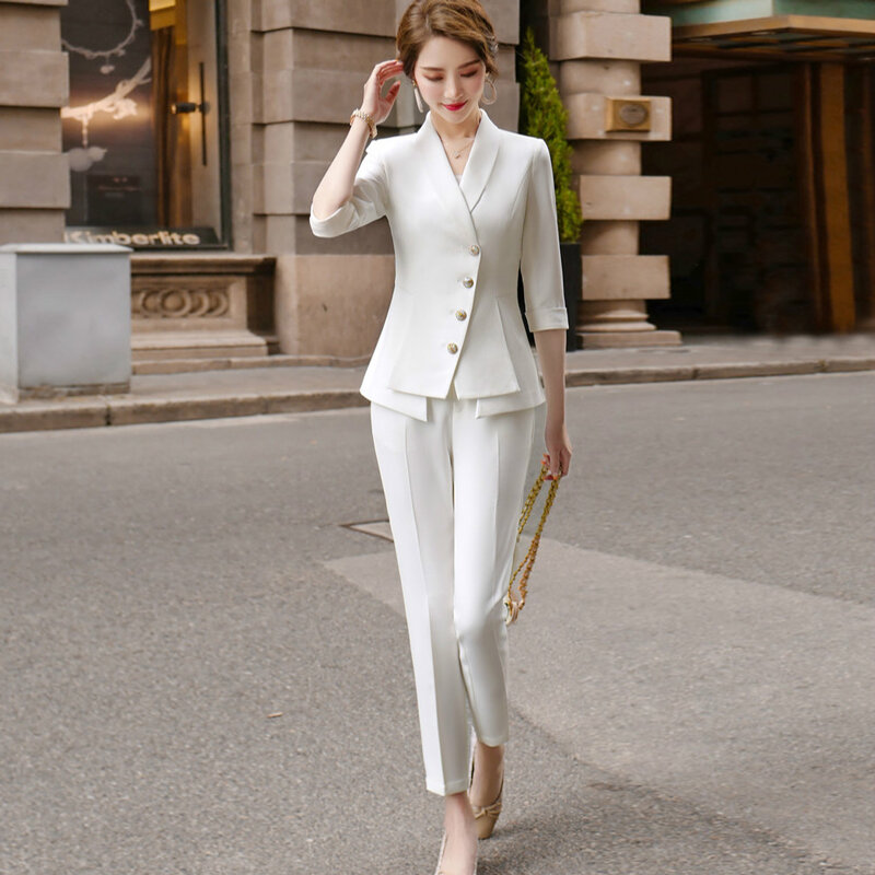 Celana Setelan Wanita Kasual Kualitas Tinggi Dua Potong Set 2023 Pakaian Bisnis Jaket Blazer Putih Wanita Elegan Musim Panas Baru