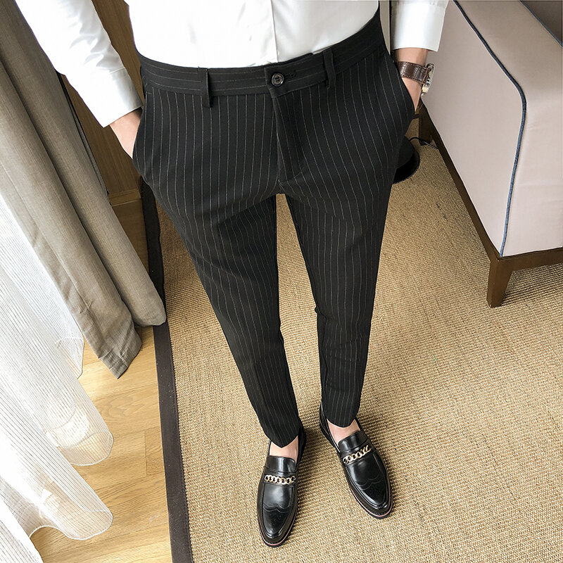 Calça social masculina de alta qualidade, calça casual listrada estilo britânico com calças 28-36, novo, 2021