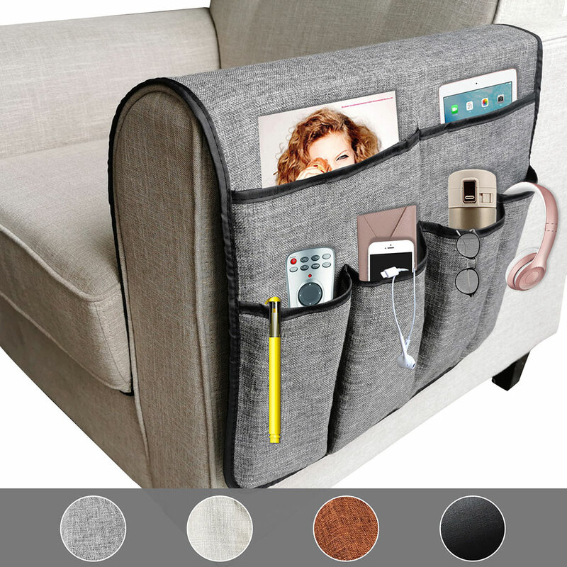 Para telefone inteligente livro revistas ipad tv suporte de controle remoto casa sofá braço organizador poltrona armazenamento com 6 bolsos