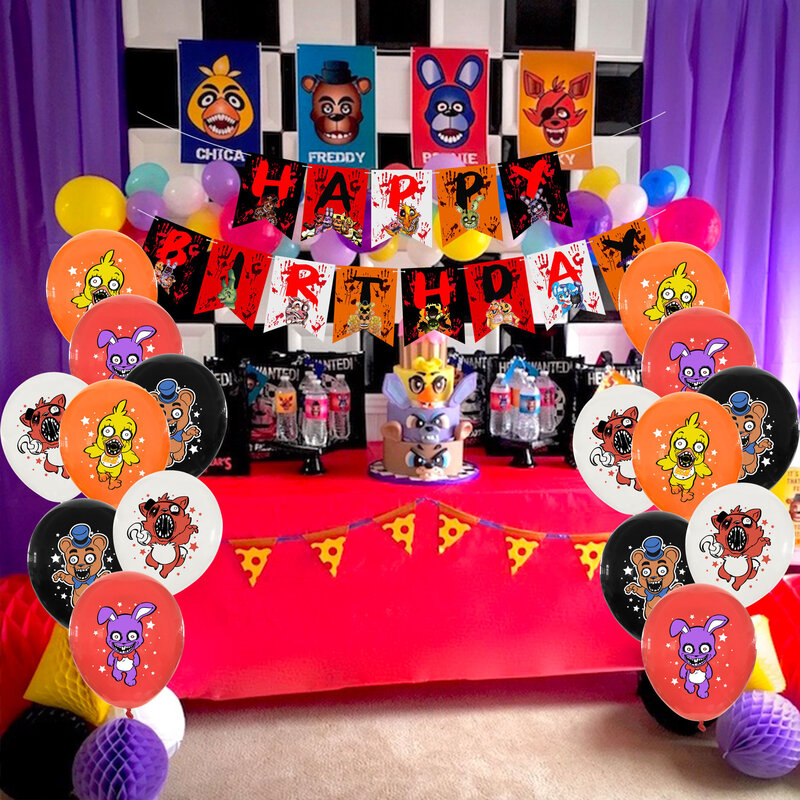 Five Nights At Freddy's Party Supplies, juego de dibujos animados, globos de oso Freddy, pancarta de feliz cumpleaños, decoración de fiesta, adorno de pastel de juguete