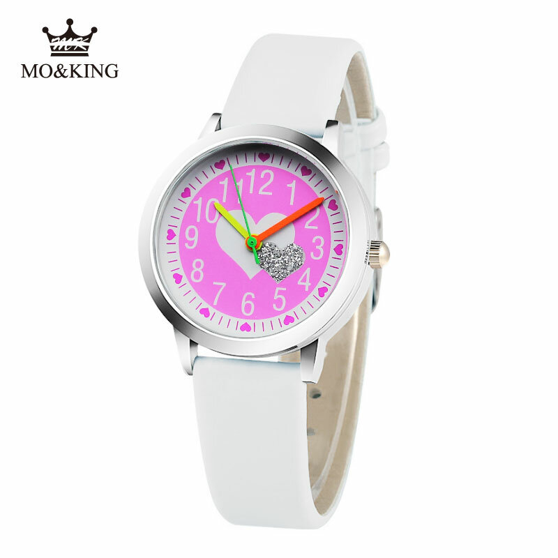 Gorąca sprzedaż słodkie dziecko zegarki Casual fioletowy błyszczące miłość skóra Quartz zegar chłopcy dziewczęta zegarki dla dzieci chłopcy z lekkich zegarków