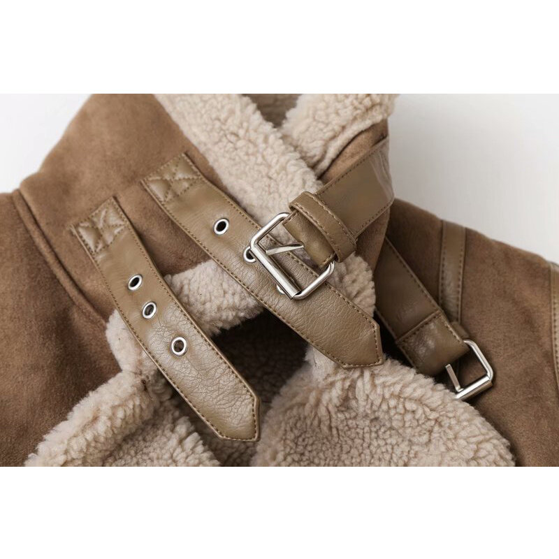 Women Winter Faux Shearling Sheepskin Fake Leather Jackets Lady Thick Warm Suede Lambs Motorcycle Brown Coats Mujer Chaqueta