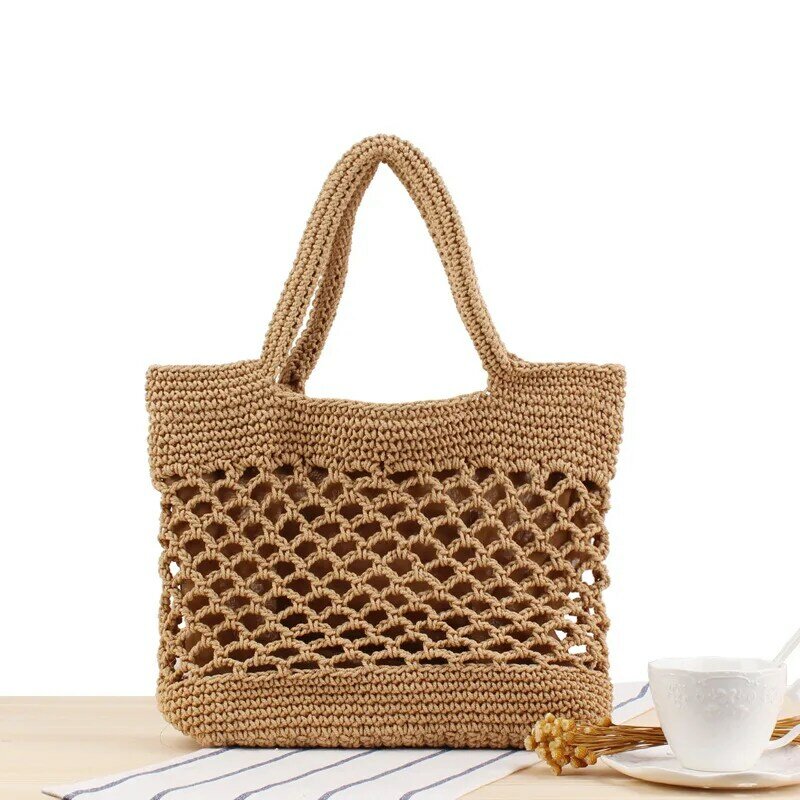 Pure Color Cotton Thread Hand Crocheting Woven Beach Straw Bag Trendy Women's Portable Vacation Handbags