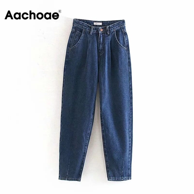 Aachoae Women Streetwear Pleated Mom Jeans High Waist Loose Slouchy Jeans Pockets Boyfriend Pants Casual Ladies Denim Trousers