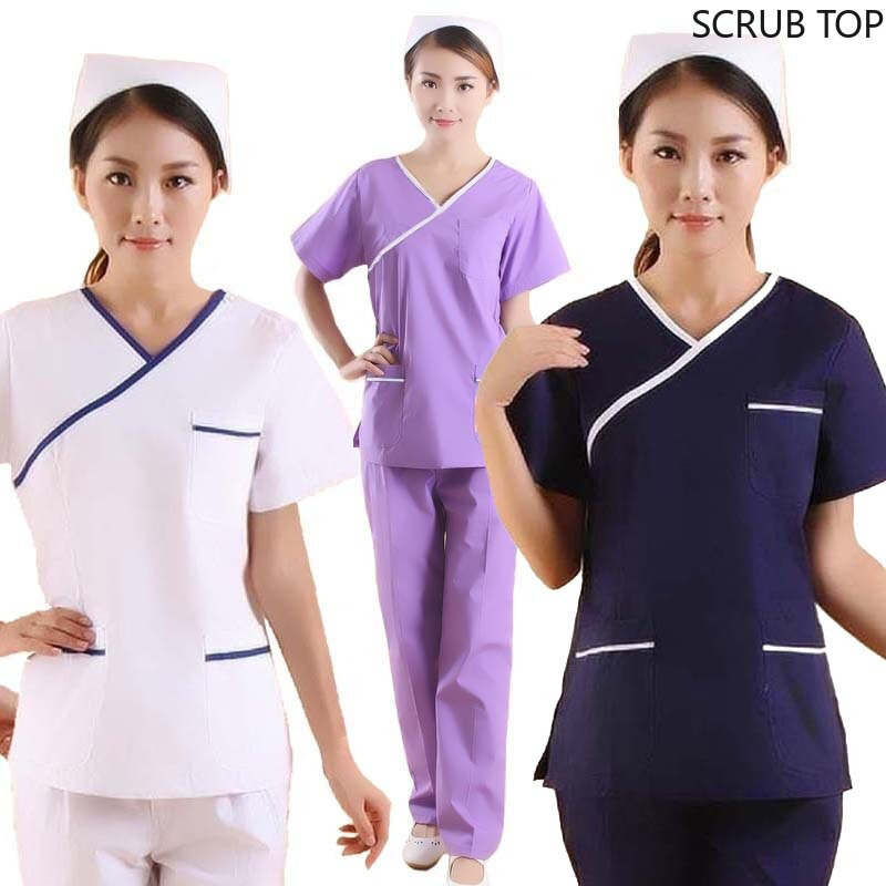 Moda damska peeling Top kolor blokowanie projekt stroje medyczne mundury pielęgniarskie krótki rękaw dekolt w serek (tylko Top)