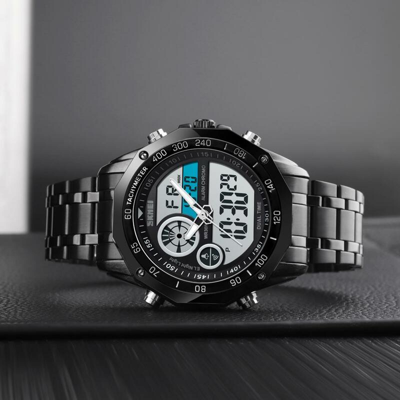 SKMEI podwójny wyświetlacz mężczyźni zegarki cyfrowe podświetlane wskazówki wodoodporne zegarki sportowe dla człowieka ze stali stalowy pasek reloj hombre 1494