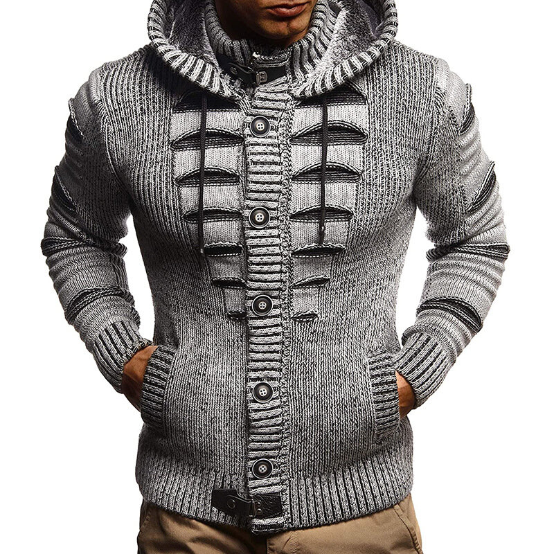 Мужской вязаный кардиган, Бежевый полосатый Повседневный свитер, теплый зимний мужской свитер с капюшоном