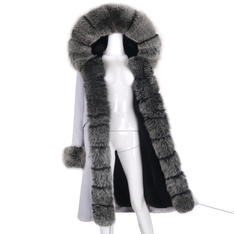 แฟชั่นผู้หญิงฤดูหนาวเสื้อขนสัตว์ขนาดใหญ่ขนสัตว์ธรรมชาติ Fox Fur Collar หลวม X-Long Parka Outerwear ถอดออกได้2021